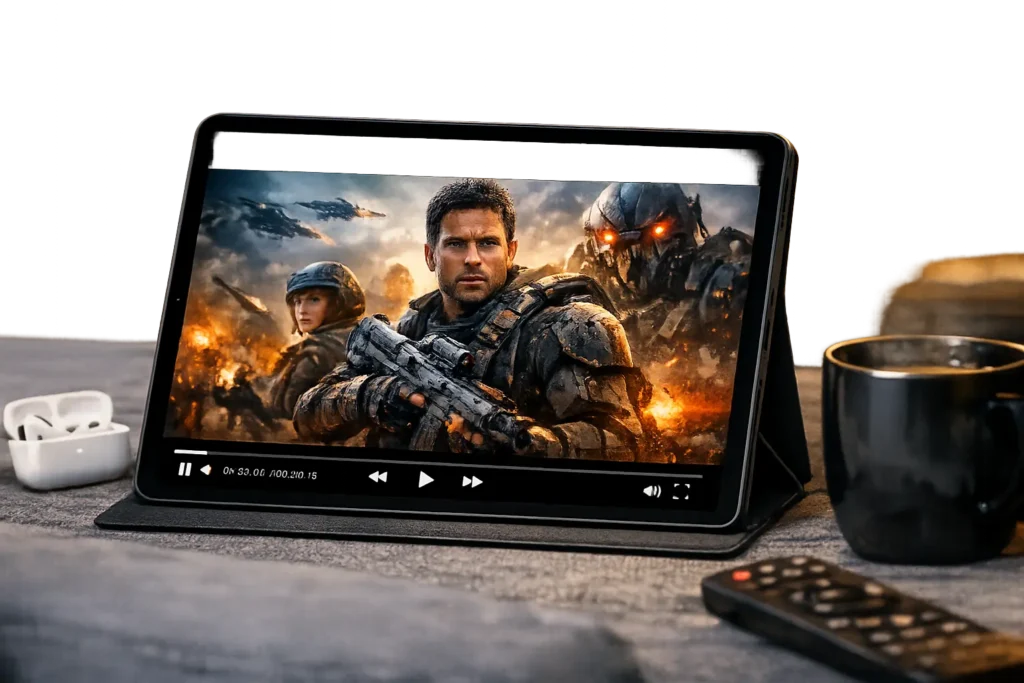 UniTV APK iOS Download for iPhone & iPad (Latest Version Guide) 2 iPad displaying a movie on its screen with cinematic playback controls, placed on a table alongside headphones, popcorn, a coffee mug, and a remote in a cozy living room setting.
