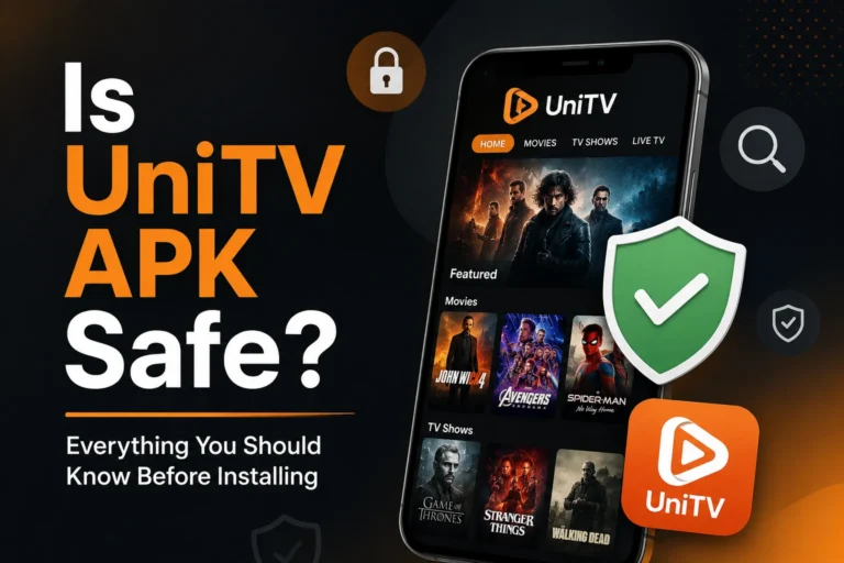 UniTV APK safety featured image showing a phone with the UniTV app, security shield, and text “Is UniTV APK Safe?”