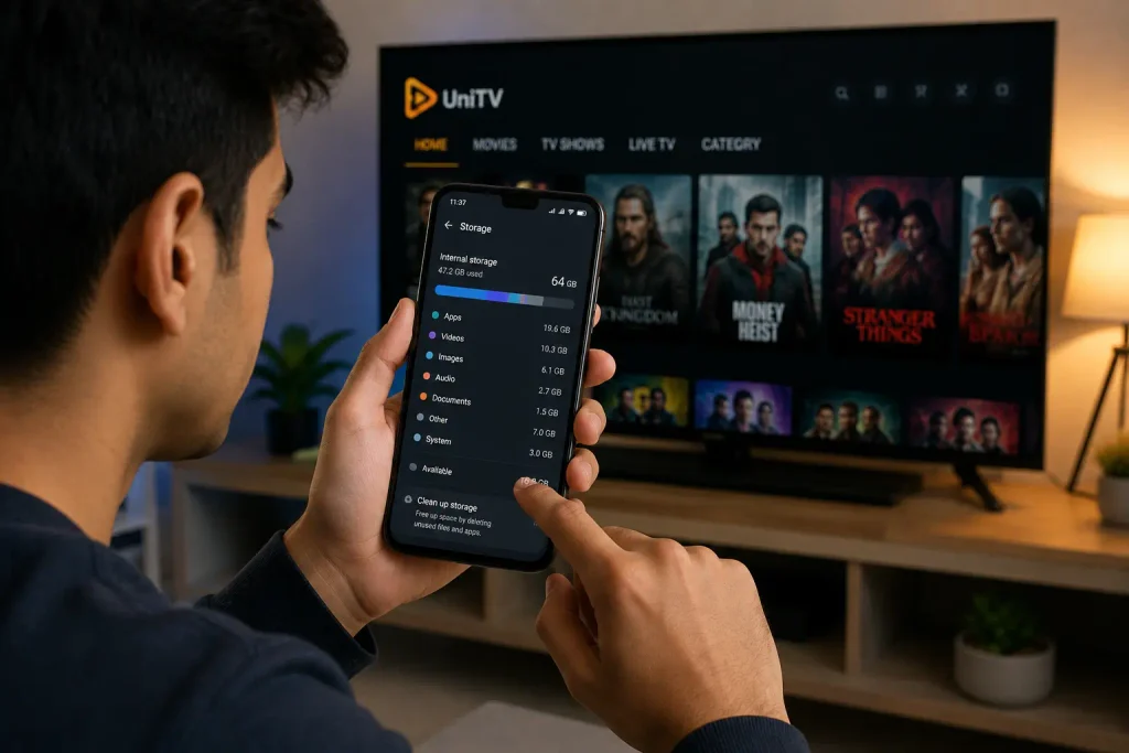 UniTV APK Not Updating – Easy Ways to Fix Update Problems 2 Person checking available phone storage before updating the UniTV APK.