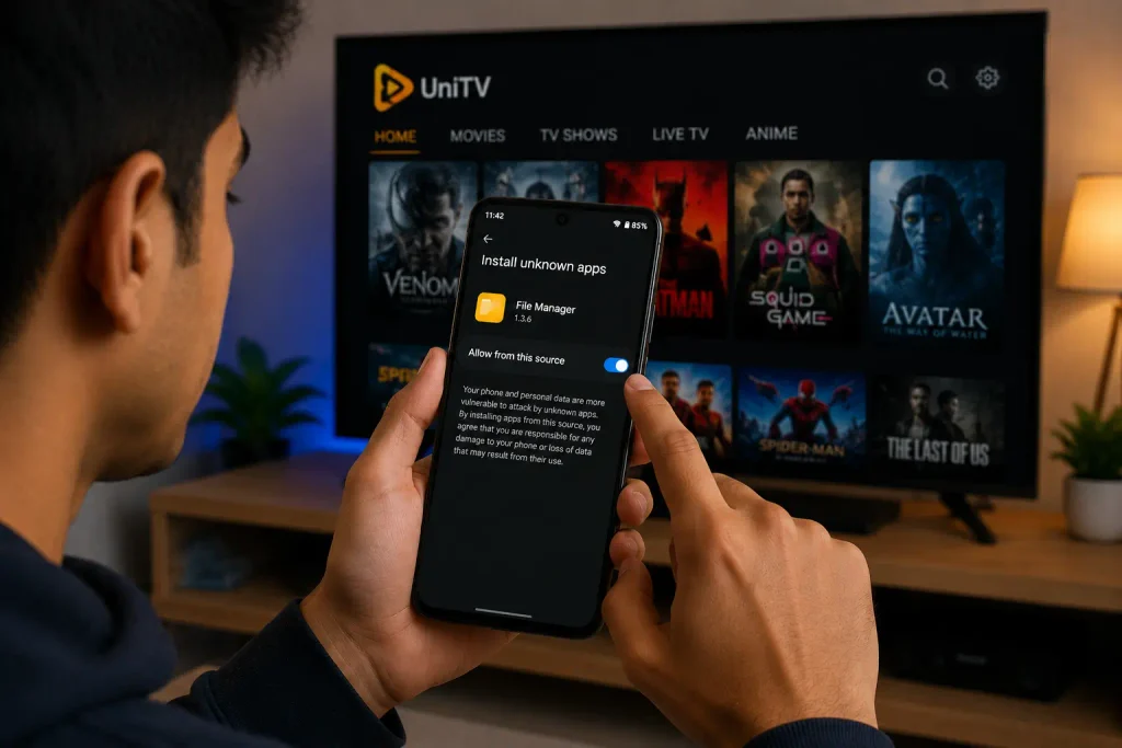 UniTV APK Not Updating – Easy Ways to Fix Update Problems 3 Person enabling the “Allow from this source” setting on an Android phone.