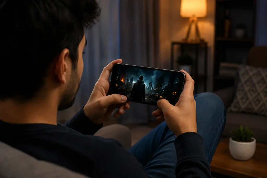 UniTV APK Not Updating – Easy Ways to Fix Update Problems 4 Person relaxing and watching a movie on a smartphone.