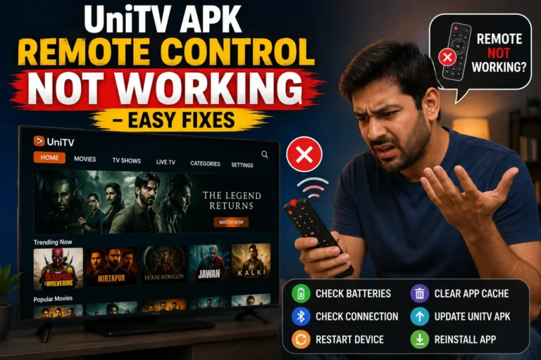 UniTV APK remote control troubleshooting guide showing easy fixes such as checking batteries, connection, restarting the device, clearing cache, and updating the app.