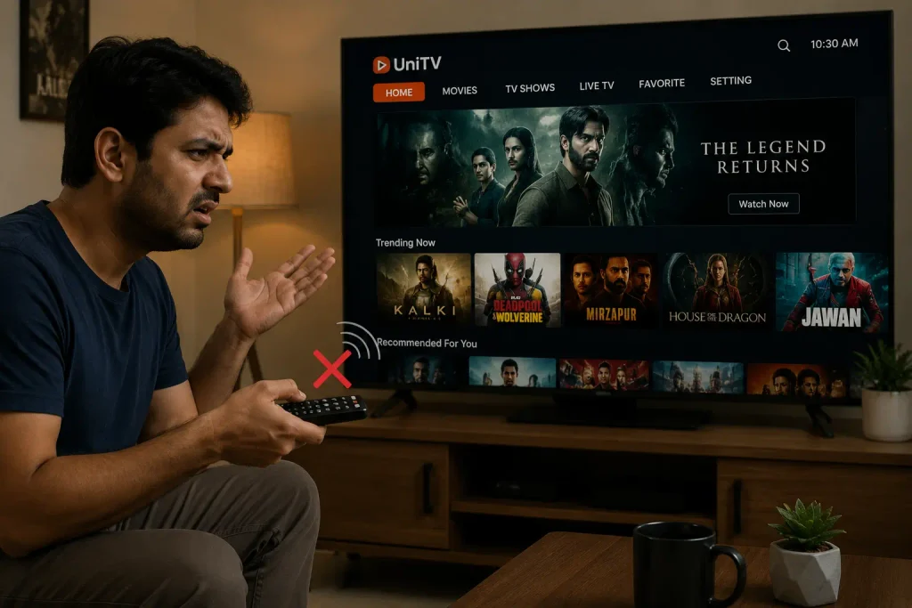 UniTV APK Remote Control Not Working – Easy Fixes 1 Person struggling to use a remote while the UniTV APK homepage is open on the TV.