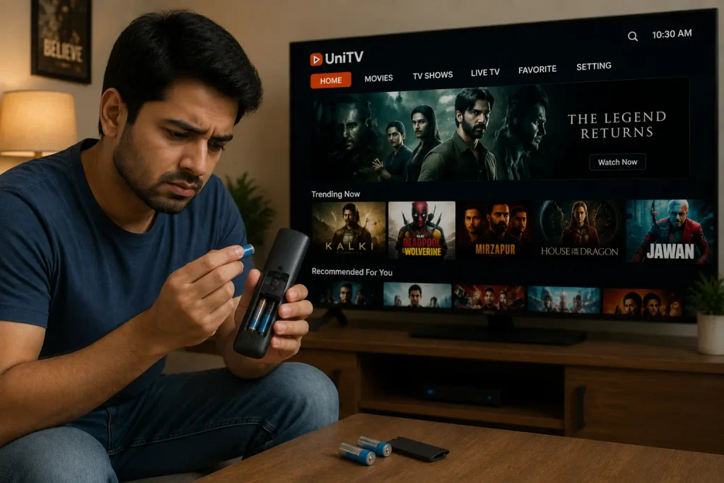 UniTV APK Remote Control Not Working – Easy Fixes 2 Person checking the batteries inside a TV remote while troubleshooting a remote control problem.