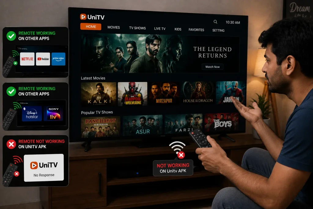 UniTV APK Remote Control Not Working – Easy Fixes 4 Person pointing a remote at a TV showing the UniTV APK homepage while the remote is not responding.
