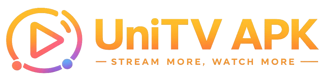 UniTV APK header logo with the original colorful play icon and gold UniTV APK text on a transparent background.
