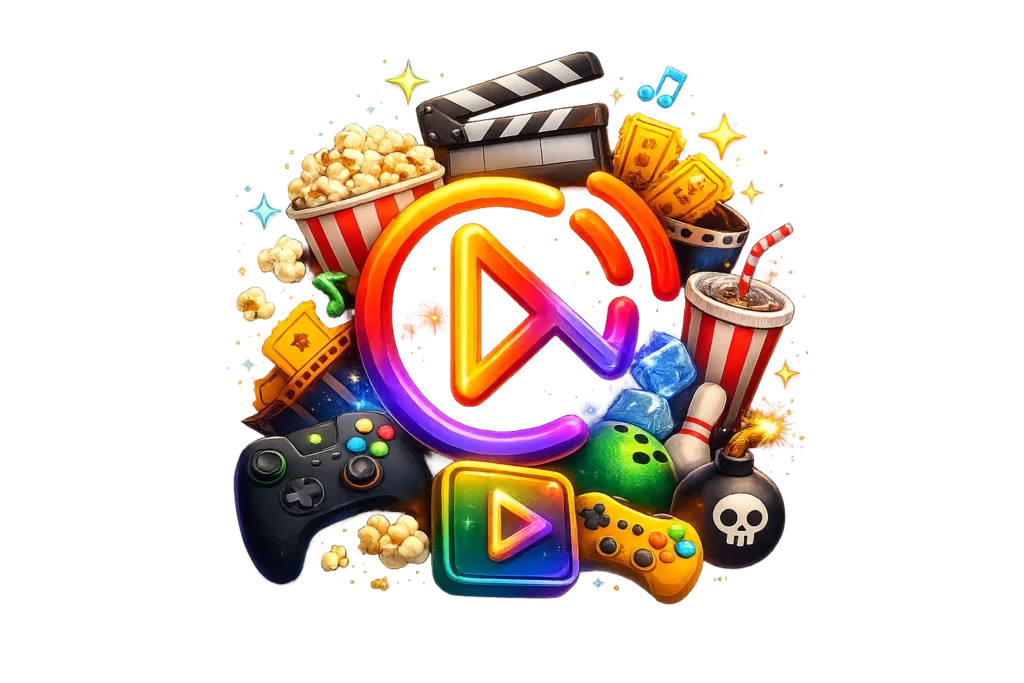 3D UniTV APK logo surrounded by movie, gaming, and streaming icons including popcorn, game controllers, film clapper, tickets, soda, bowling pin, bomb, and play button on a transparent background.