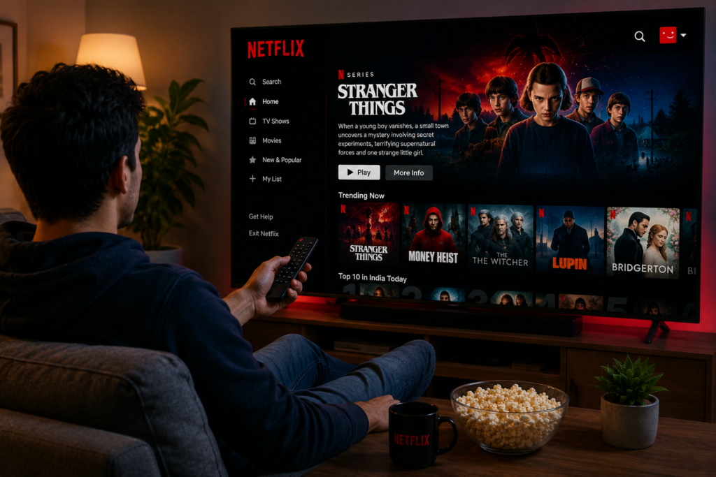UniTV APK vs Netflix – Which One Is Better? 2 Person relaxing on a couch and watching Netflix on a large TV, with a remote, popcorn, and a cozy living room setting.