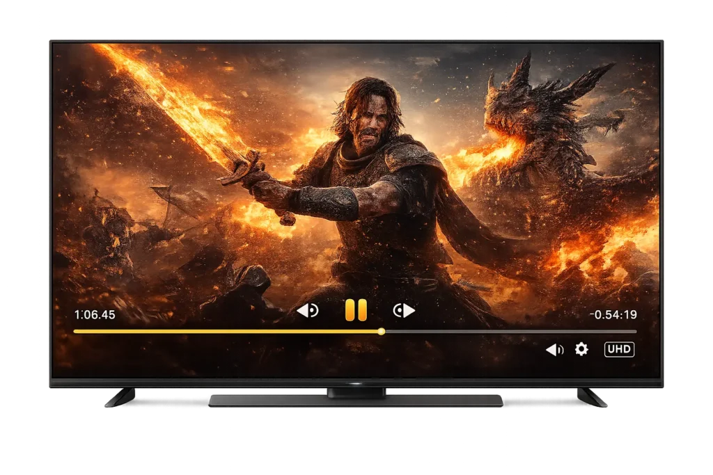 Download UniTV APK TV Boxes & Android TV (Latest Version 2026 Free) 2 Modern LCD TV displaying an action movie with a warrior fighting a dragon, featuring HD video playback controls and a transparent background.