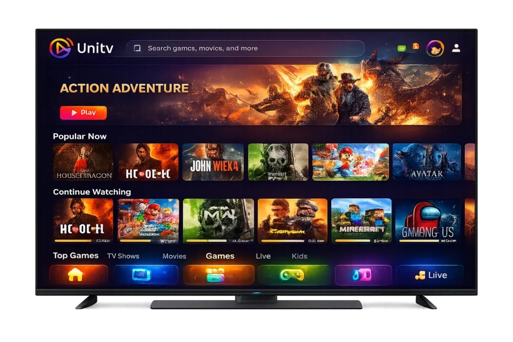 Download UniTV APK TV Boxes & Android TV (Latest Version 2026 Free) 1 UniTV app home screen open on a modern LCD TV, showing movies, TV shows, live channels, and colorful entertainment categories on a transparent background.