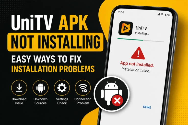 UniTV APK installation error showing an app not installed message on a mobile phone.