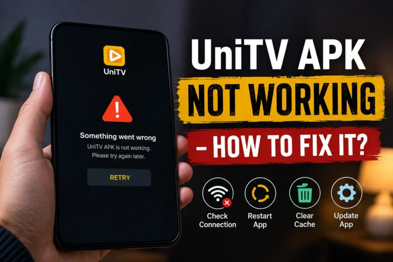 UniTV APK not working error on mobile with simple fixes for connection, restart, cache, and app update.