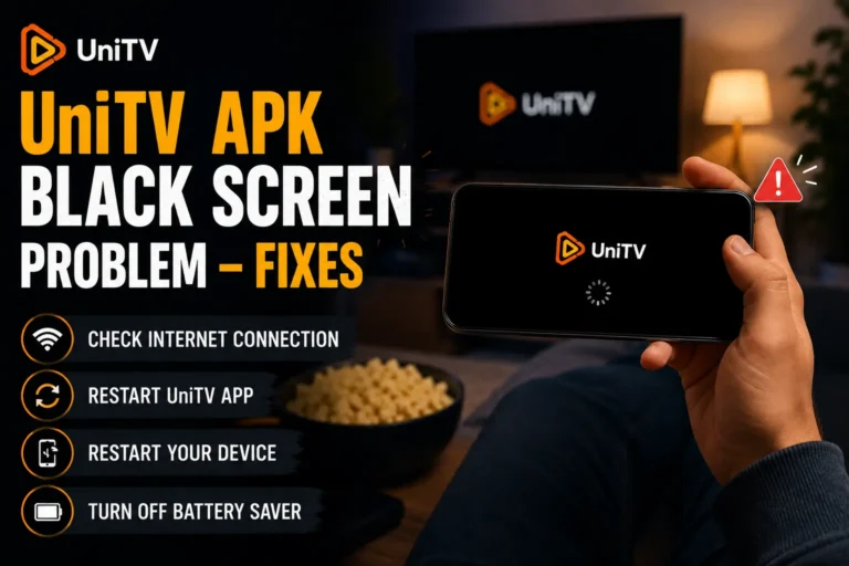 UniTV APK black screen problem with fixes for internet connection, app restart, device restart, and Battery Saver.