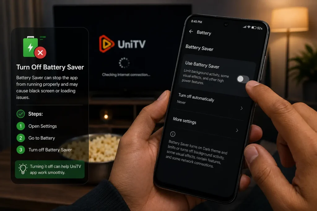 UniTV APK Black Screen Problem – Fixes 3 Turning off Battery Saver to help fix the UniTV app black screen and loading issues.