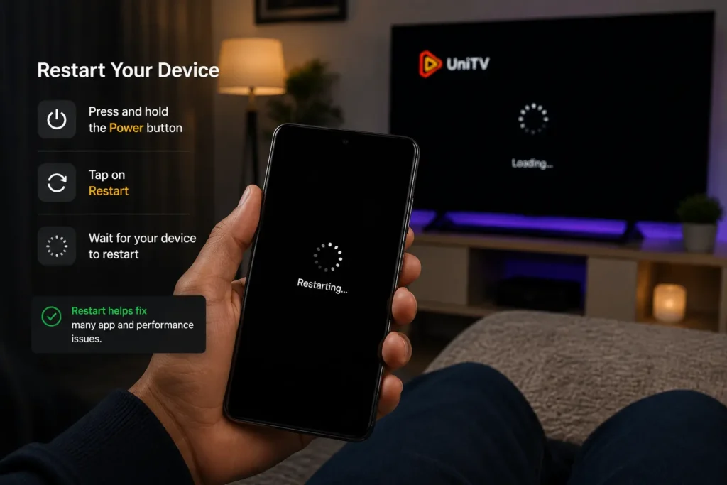 UniTV APK Black Screen Problem – Fixes 2 Restarting a mobile device to fix the UniTV app black screen problem.