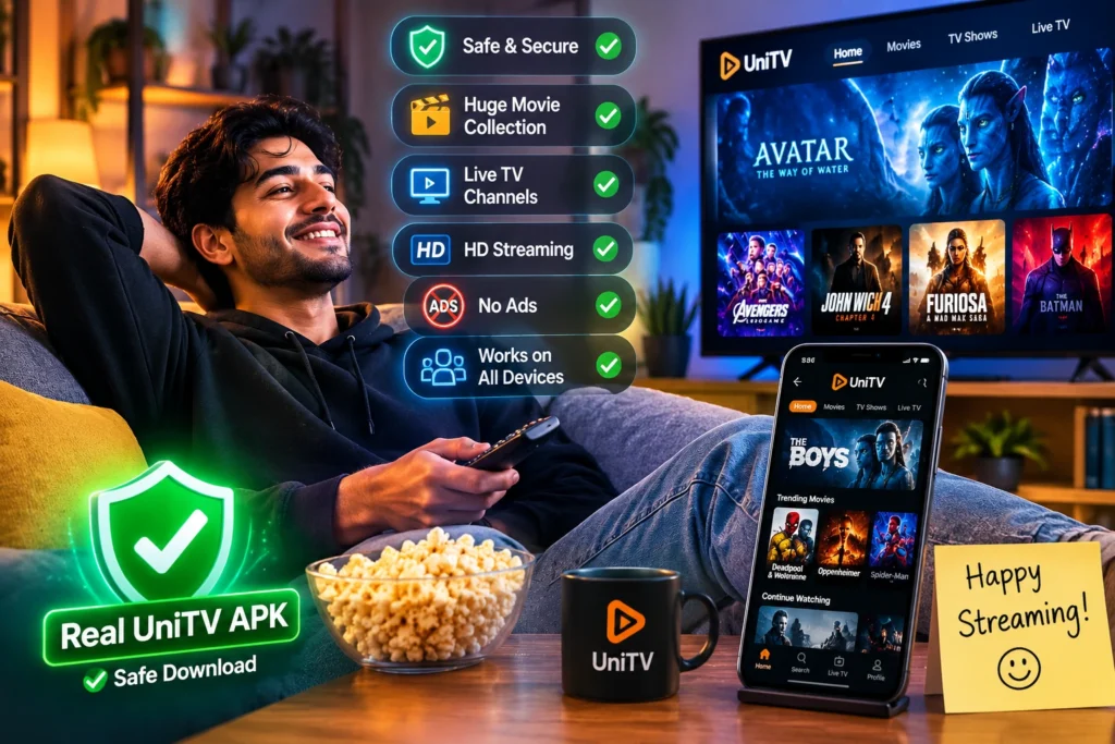 Person happily streaming the real UniTV APK on a phone, with safe and secure installation and HD streaming features.