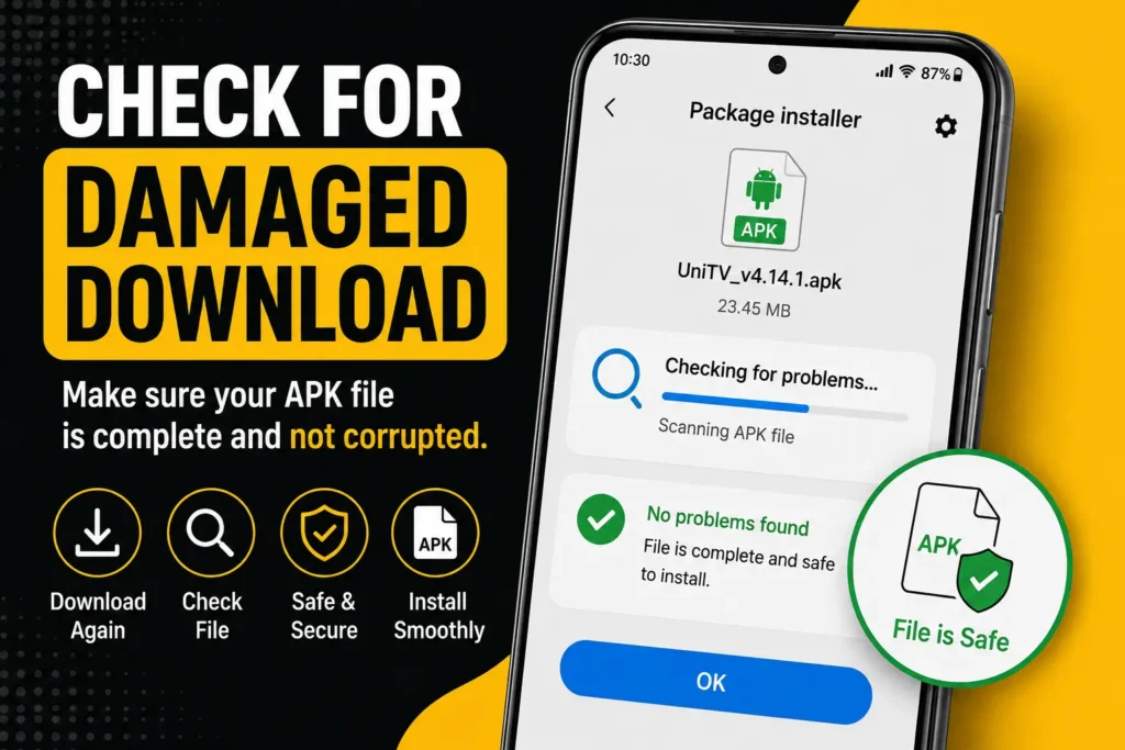 UniTVnet APK Not Installing – Easy Ways to Fix Installation Problems 3 Android package installer checking an APK file for problems and confirming the file is complete.