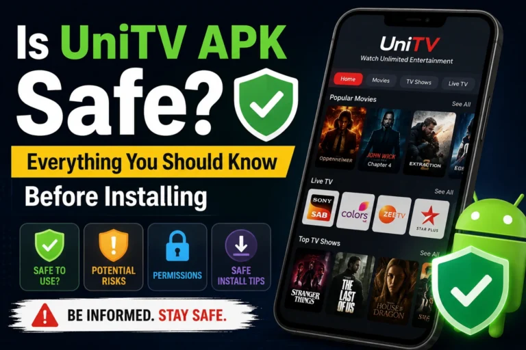 Featured image showing a phone with UniTV APK and security symbols, asking whether UniTV APK is safe and highlighting risks, permissions, and safe installation tips.