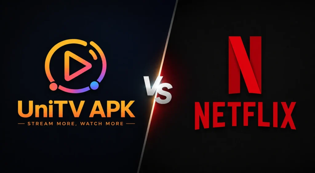 UniTV APK vs Netflix – Which One Is Better? 3 UniTV APK and Netflix logos shown side by side in a comparison graphic with a VS symbol in the center.