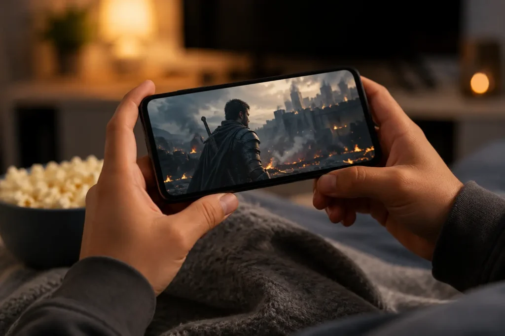 UniTVnet APK Not Installing – Easy Ways to Fix Installation Problems 1 Person watching a movie on UniTVnet APK while relaxing with popcorn.
