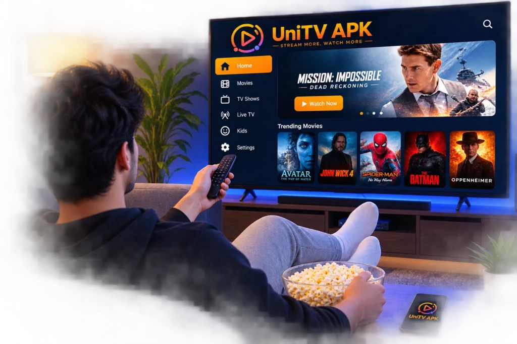 UniTV APK vs Netflix – Which One Is Better? 1 Person relaxing on a couch and watching movies on a TV using the UniTV APK, with a remote and popcorn nearby.