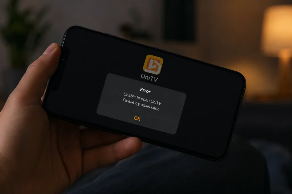 UniTV APK 2026 Not Working – How to Fix It? 1 UniTV APK not opening on mobile showing an error message