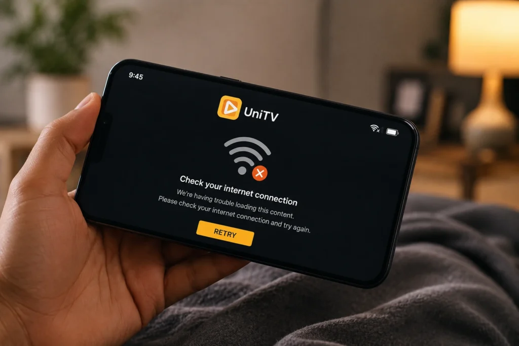 UniTV APK 2026 Not Working – How to Fix It? 3 UniTV app showing an internet connection error on a mobile phone.