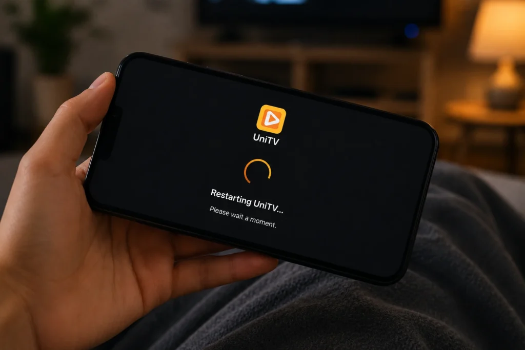 UniTV APK 2026 Not Working – How to Fix It? 4 Mobile phone showing the UniTV app restarting with a loading screen.