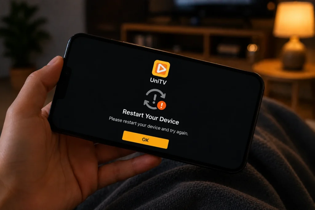 UniTV APK 2026 Not Working – How to Fix It? 2 UniTV app showing a restart your device message on a mobile phone.