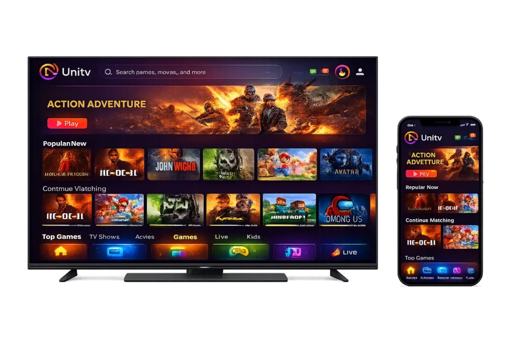 Download UniTV APK TV Boxes & Android TV (Latest Version 2026 Free) 5 Comparison of the UniTV app on a Smart TV and smartphone, showing the same home screen interface with movies, TV shows, live channels, and entertainment categories on a transparent background.