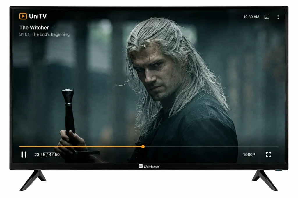 Download UniTV APK Firestick (Latest Version 2026 Free) 2 UniTV app homepage displayed on a smart TV with Amazon Fire TV Stick, showing the Home screen, featured content, movies, TV shows, games, and entertainment categories in a modern living room."