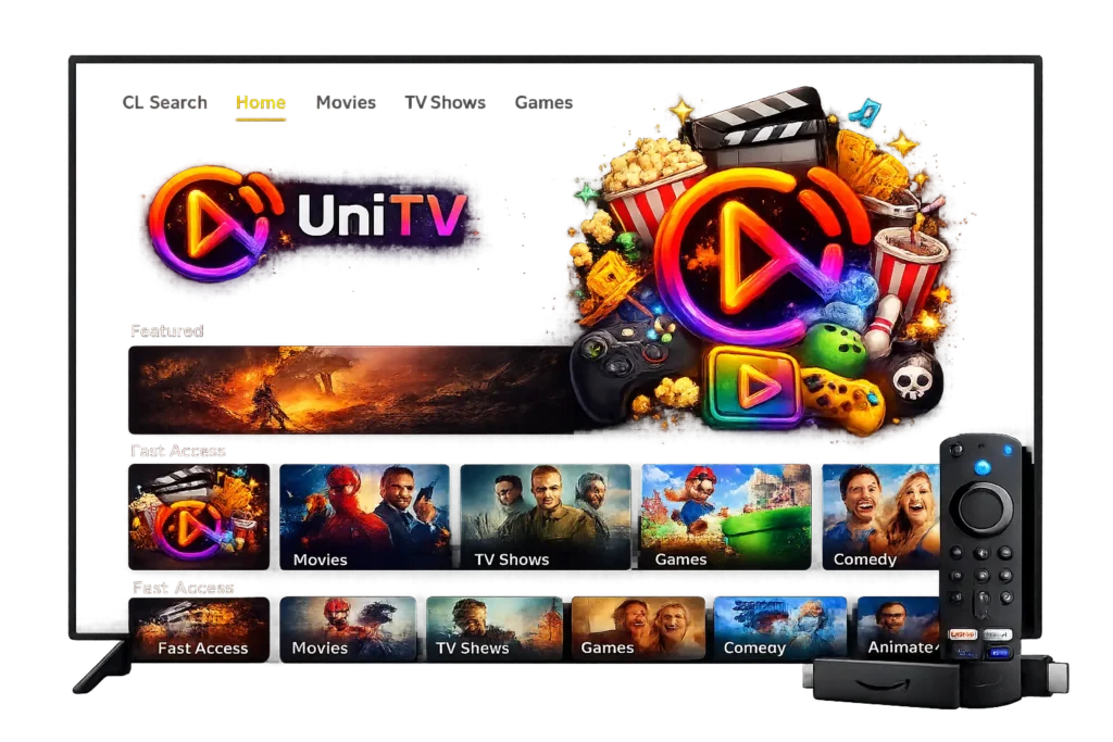 Download UniTV APK Firestick (Latest Version 2026 Free) 1 UniTV app open on an Amazon Fire TV Stick connected to a smart TV, showing the colorful home screen with movie, TV show, and entertainment categories on a transparent background.