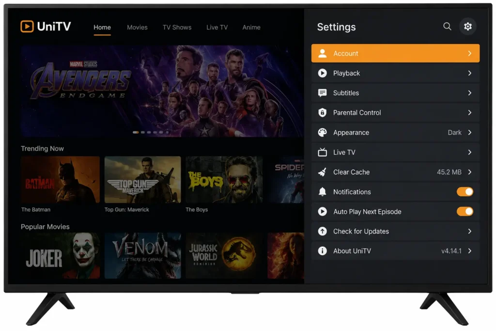 Download UniTV APK Firestick (Latest Version 2026 Free) 4 UniTV app Settings menu open on a modern LCD TV, showing playback, subtitles, parental controls, live TV, notifications, cache, updates, and other app settings on a clean streaming interface.