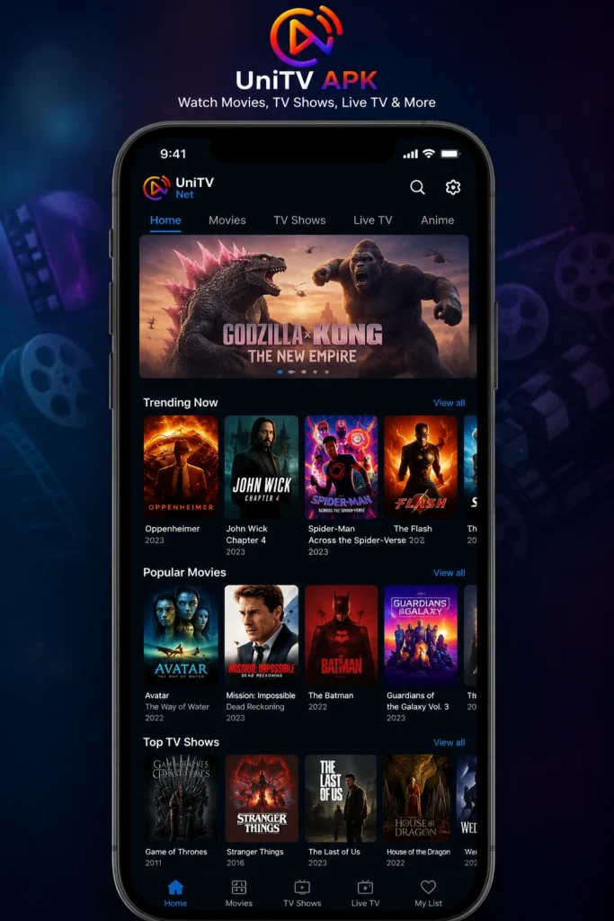 UniTV APK Download Latest Version v4.14.1 Android Free 2026 2 UniTV APK app interface displayed on a modern smartphone with a dark theme, featuring movie posters, TV shows, live TV categories, search, navigation menu, and a colorful streaming app homepage.