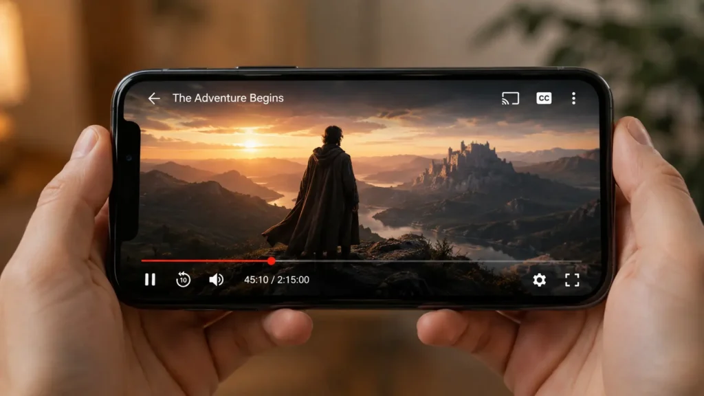 UniTV APK Download Latest Version v4.14.1 Android Free 2026 6 Unitv apk iPhone showing a movie playing on the screen with playback controls.