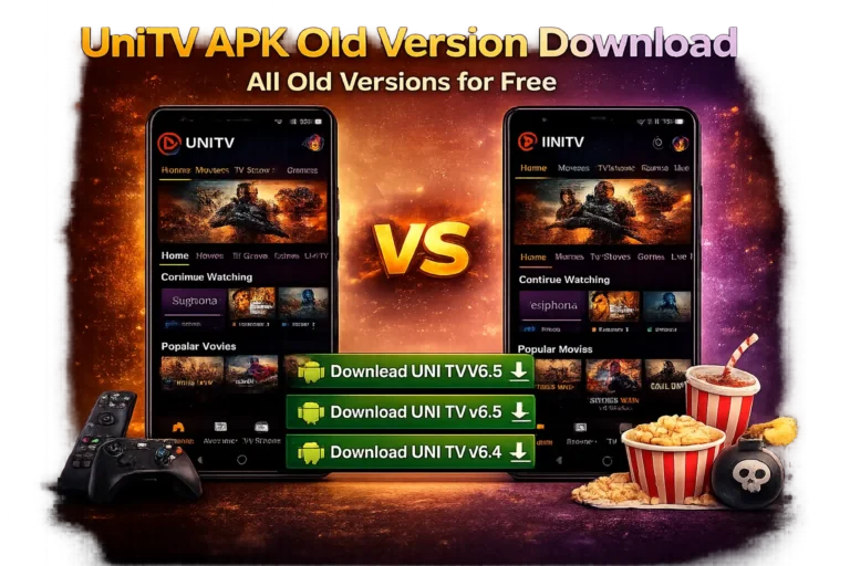 Featured image showing UniTV APK old version download with two Android smartphones comparing old and new app versions, a VS icon, download buttons, and entertainment-themed elements on a dark background.