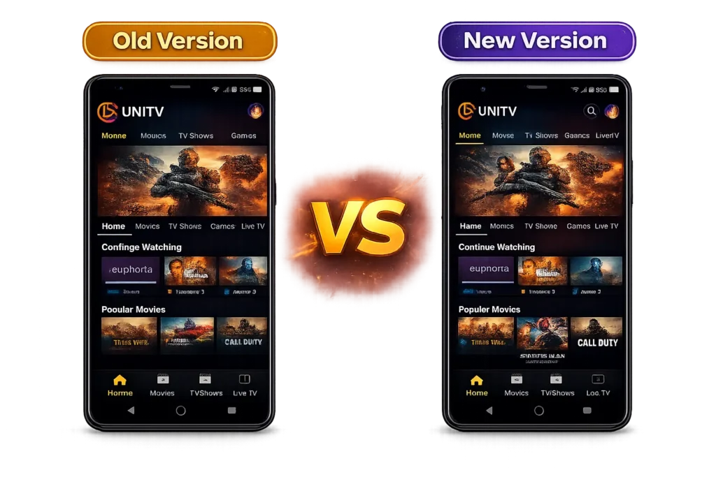 UniTV APK Old Version Download - All Old Versions for Free 2026 3 Side-by-side comparison of the UniTV app old version and new version on two smartphones, highlighting differences in the mobile interface, layout, and streaming experience on a transparent background.
