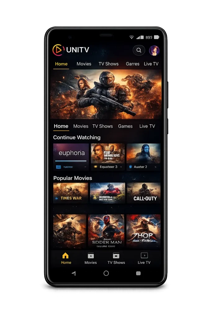 UniTV APK Old Version Download - All Old Versions for Free 2026 2 Smartphone displaying the UniTV app home screen with featured movies, TV shows, live TV categories, and a modern dark-themed streaming interface on a transparent background.