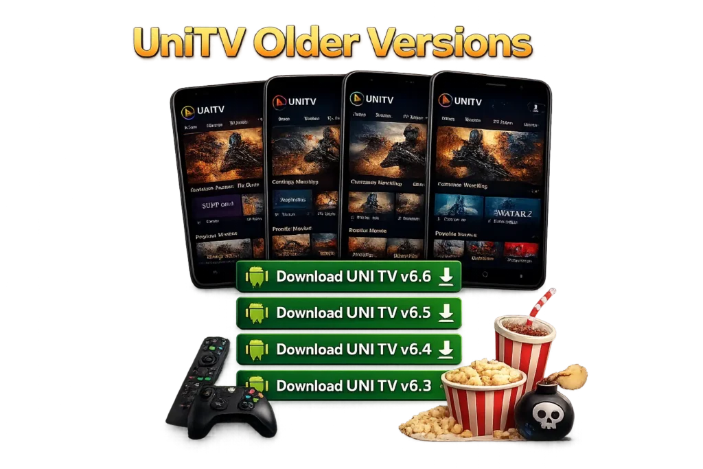 UniTV APK Old Version Download - All Old Versions for Free 2026 1 Illustration of multiple smartphones displaying different UniTV app old versions with download buttons, surrounded by popcorn, a soft drink, a remote, and a game controller on a transparent background.