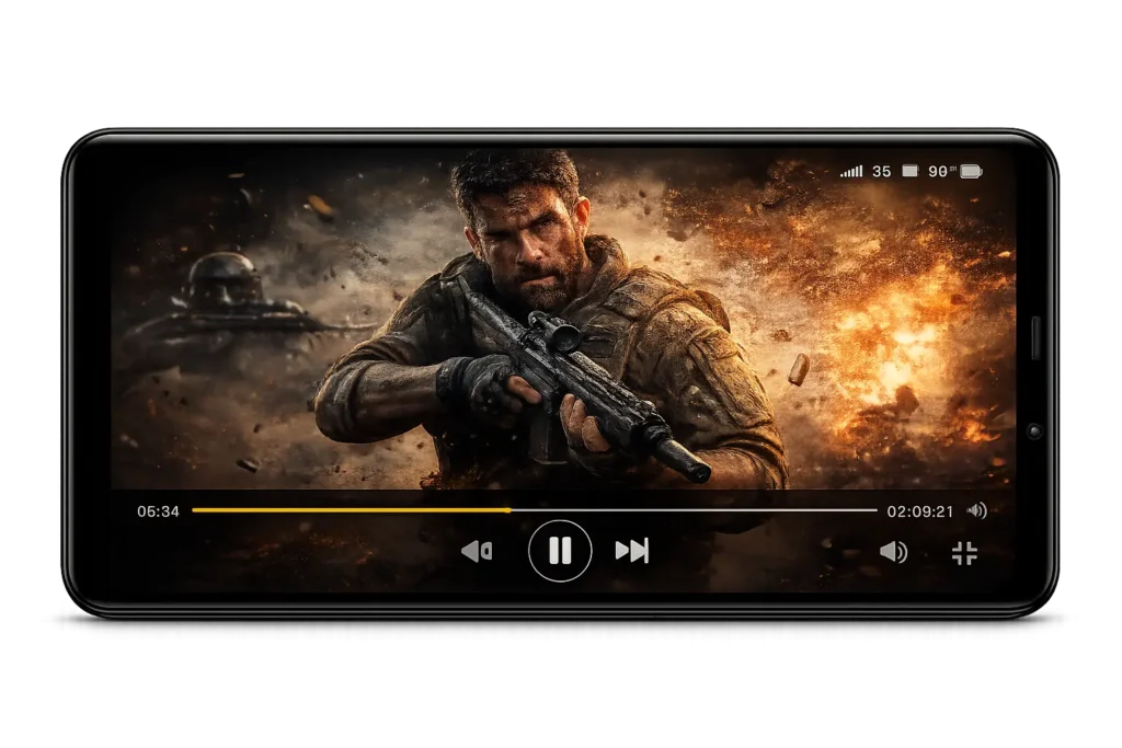 UniTV APK Old Version Download - All Old Versions for Free 2026 4 Smartphone in landscape mode playing an action movie with a cinematic battle scene, on-screen video playback controls, and a transparent background.