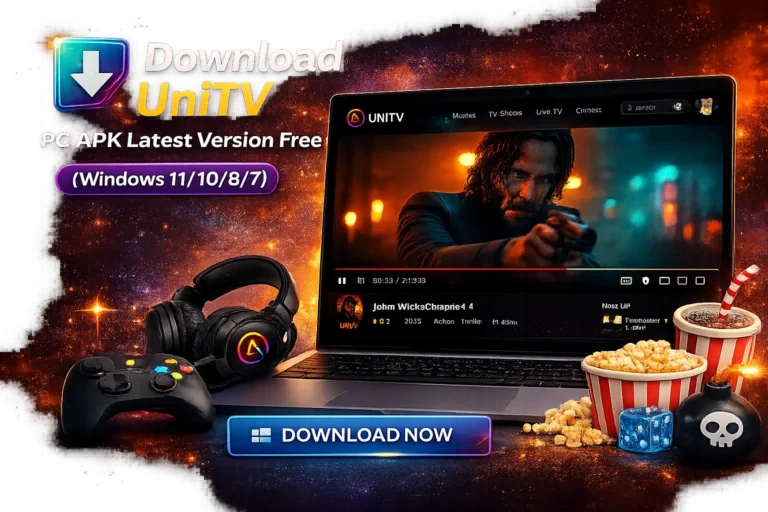 Featured image for Download UniTV PC APK Latest Version Free (Windows 11/10/8/7) showing a laptop streaming a movie through the UniTV app, with gaming headphones, controller, popcorn, soda, and a prominent download button on a colorful entertainment-themed background.