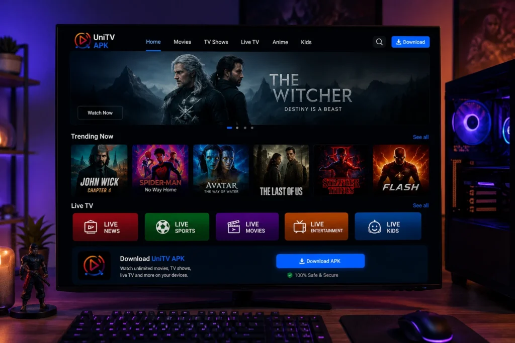 UniTV APK Download Latest Version v4.14.1 Android Free 2026 4 Desktop PC monitor displaying the UniTV APK homepage with featured movies, TV shows, live TV categories, anime, trending content, and a download button in a modern dark-themed streaming interface.