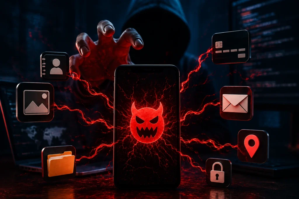 Dangerous malware attacking a smartphone and accessing personal data such as contacts, photos, emails, files, location, and payment information.