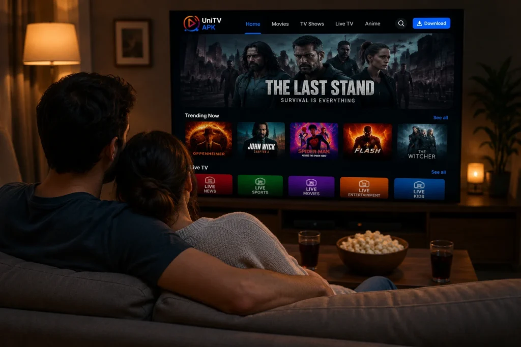 UniTV APK Download Latest Version v4.14.1 Android Free 2026 5 Husband and wife relaxing on a sofa while watching a movie on a smart TV displaying the UniTV APK streaming app in a cozy living room with popcorn and drinks on the table.