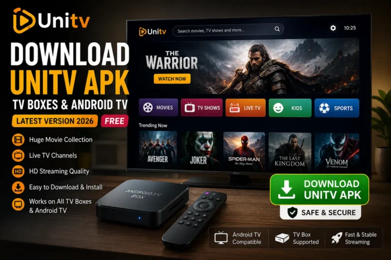Featured image for Download UniTV APK TV Boxes & Android TV (Latest Version 2026 Free), showing the UniTV app open on a Smart TV with an Android TV Box, remote control, and a large green download button.