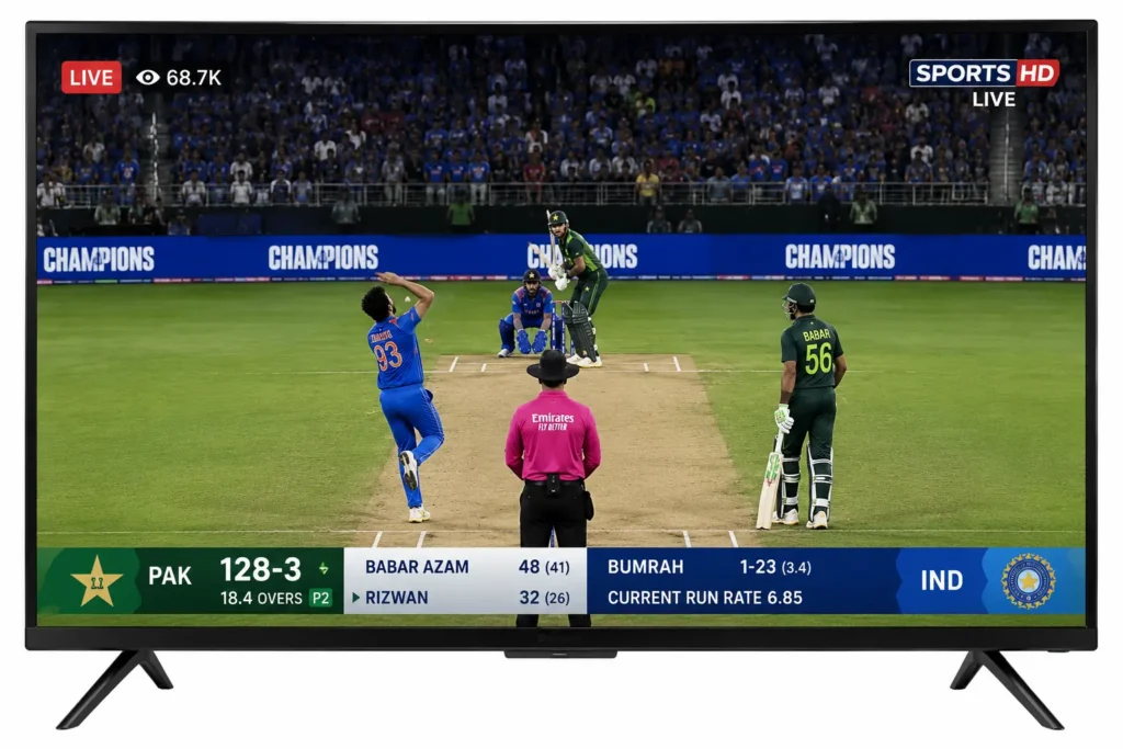 Download UniTV APK Firestick (Latest Version 2026 Free) 3 Live cricket match playing on a modern LCD TV with an HD sports broadcast, showing a packed stadium, players on the field, live scoreboard, and sports channel overlay on a black flat-screen television with no background.