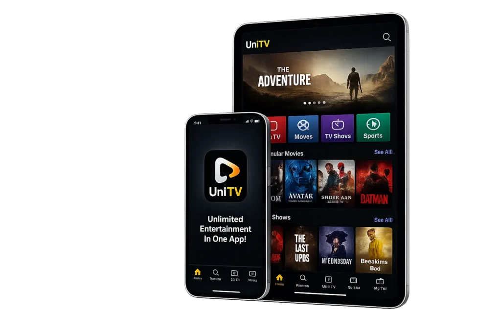UniTV APK iOS Download for iPhone & iPad (Latest Version Guide) 1 UniTV app open on iPhone and iPad showing the home screen with movies, TV shows, live TV, and entertainment categories on a transparent background.