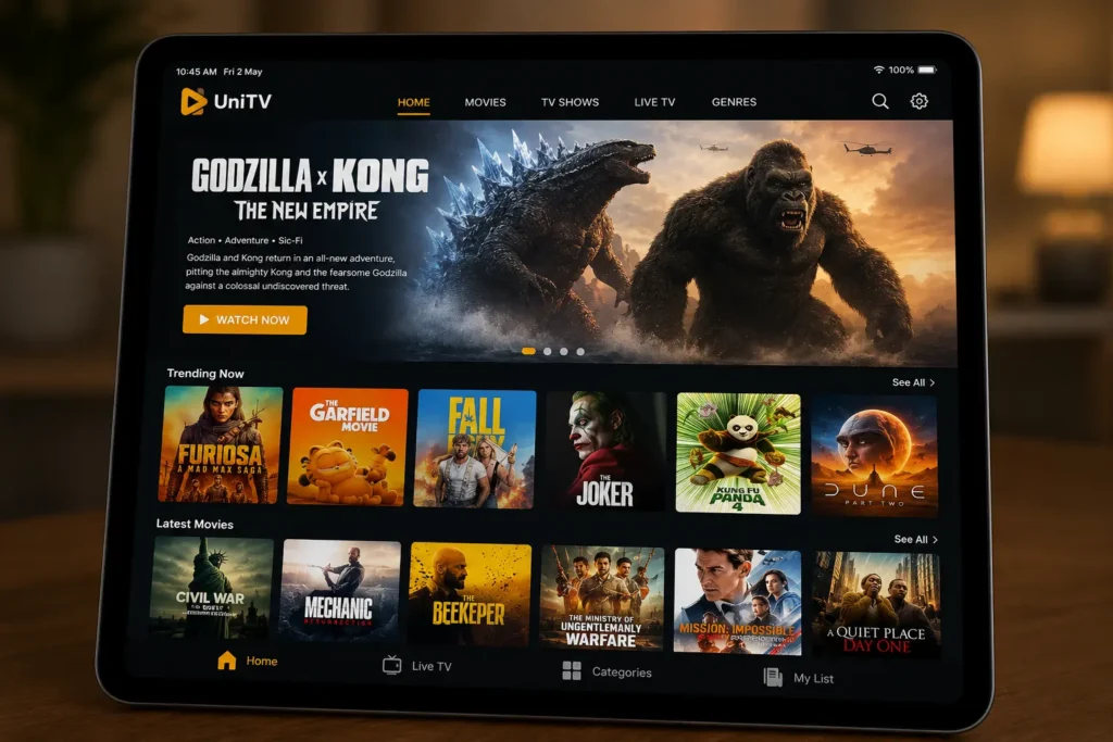 UniTV APK iOS Download for iPhone & iPad (Latest Version Guide) 3 iPad displaying the UniTV app homepage with a featured movie banner, trending films, latest movies, and navigation tabs in a modern streaming interface.