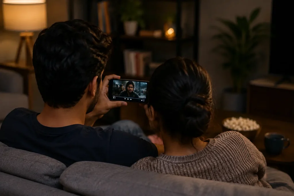 UniTV APK iOS Download for iPhone & iPad (Latest Version Guide) 4 Back view of a husband and wife relaxing on a sofa while watching a movie together on an iPhone in a cozy living room with popcorn and a warm atmosphere.