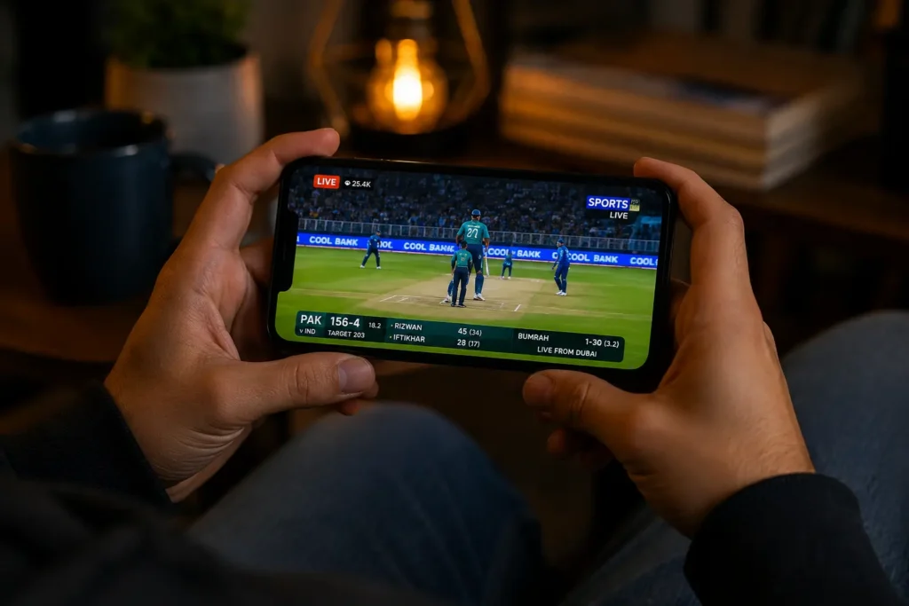 UniTV APK iOS Download for iPhone & iPad (Latest Version Guide) 6 Person holding an iPhone while watching a live sports match with real-time score updates in a cozy indoor setting.